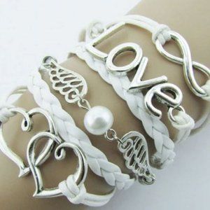 White Hearts Wings Leather Layer Bracelet (B146)